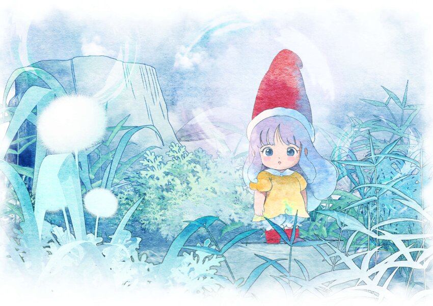 1girl :o bloomers blue_eyes blush_stickers boots bubble commentary curly_hair dandelion dandelion_clock dandelion_seed flower fur-trimmed_headwear fur_trim grass hat highres long_hair looking_at_viewer memoru mini_person minigirl mushroom nature open_mouth outdoors puddle purple_hair red_boots red_hat shimadai587779 shirt solo standing tongari_boushi_no_atelier tree_stump underwear white_bloomers yellow_shirt