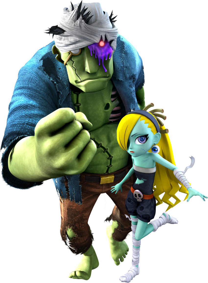10s 1boy 1girl 3d absurdres bandaged_leg bandages bandaid bandaid_on_face bigger_male blonde_hair blue_skin colored_skin earrings from_above hair_over_one_eye heart highres house_of_the_dead house_of_the_dead_ex injury jewelry logo looking_at_viewer muscular muscular_male official_art one_eye_covered open_clothes open_shirt sega size_difference smile sonic_(series) sonic_and_sega_allstars_racing source_request torn_clothes walking yellow_skin zobiko zobio zombie zombie_girl