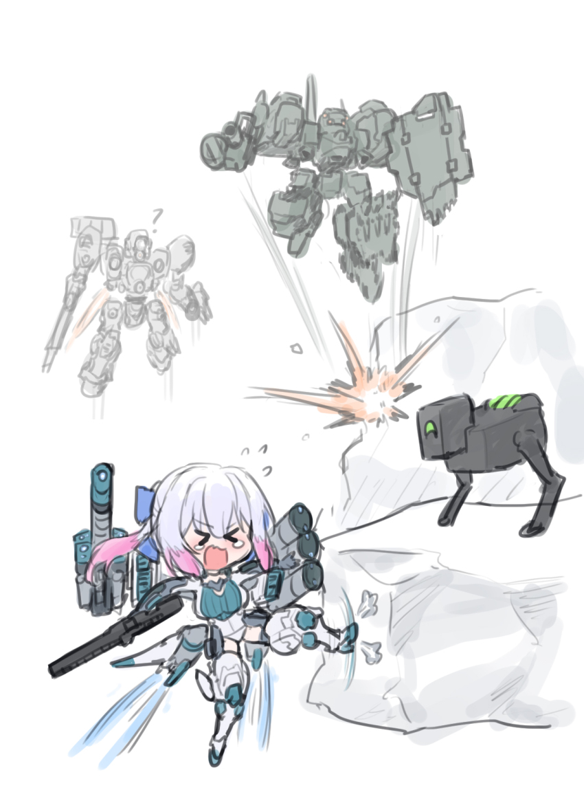 &gt;_&lt; 1girl android blue_bow bow breasts chibi dolls_nest gradient_hair grey_hair gun hair_between_eyes hair_bow highres holding holding_gun holding_weapon large_breasts long_hair maxilax mecha mecha_musume multicolored_hair pink_hair robot sidelocks tearing_up weapon