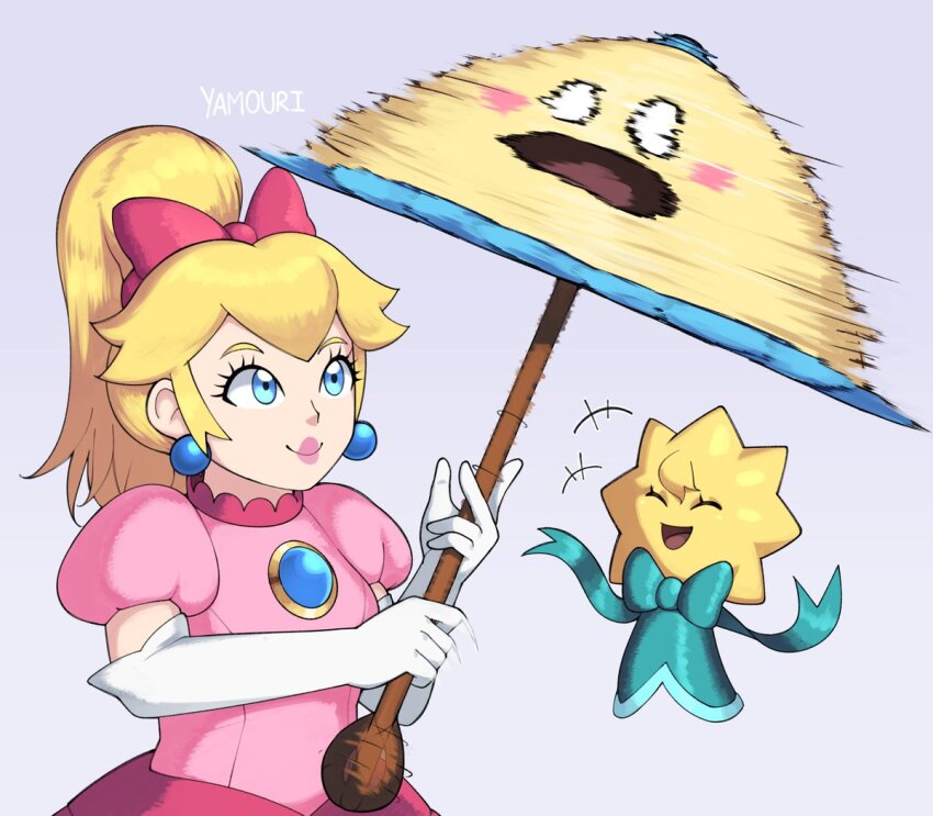 1girl artist_name blonde_hair blue_eyes dress earrings gloves holding holding_umbrella jewelry mario_(series) nintendo perry_(mario) pink_dress ponytail princess_peach princess_peach:_showtime! puffy_short_sleeves puffy_sleeves short_sleeves sphere_earrings stella_(peach) super_princess_peach umbrella white_gloves yamouri