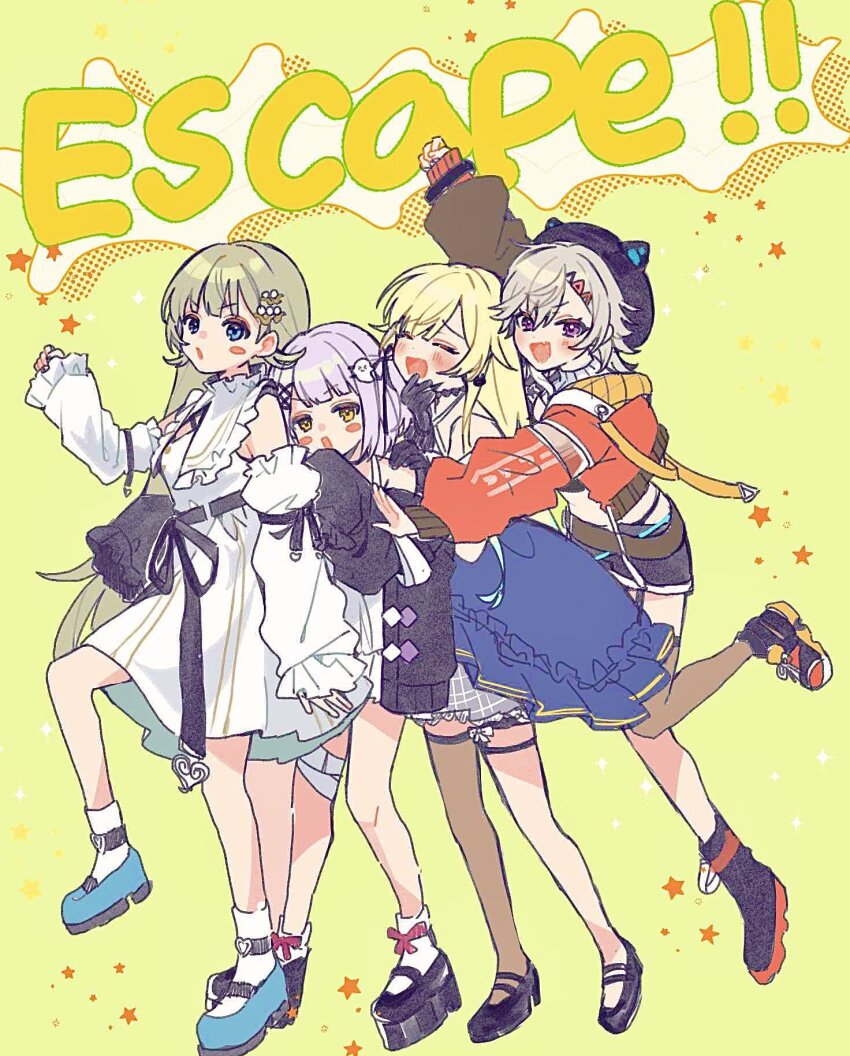 4girls aizawa_ema aizawa_ema_(1st_costume) animal_hat asymmetrical_footwear bandaged_leg bandages belt black_hat black_jacket black_shoes blonde_hair blue_eyes blue_shoes blush brown_belt brown_hair cat_hat closed_eyes detached_sleeves dress hair_ornament hairclip hanabusa_lisa hanabusa_lisa_(1st_costume) hat highres jacket komori_met komori_met_(5th_costume) looking_at_viewer mismatched_footwear multiple_girls odo_ruika open_clothes open_jacket open_mouth orange_jacket purple_eyes purple_hair shinomiya_runa shinomiya_runa_(1st_costume) shoes single_thighhigh star_(symbol) thighhighs virtual_youtuber vspo! white_dress yellow_eyes