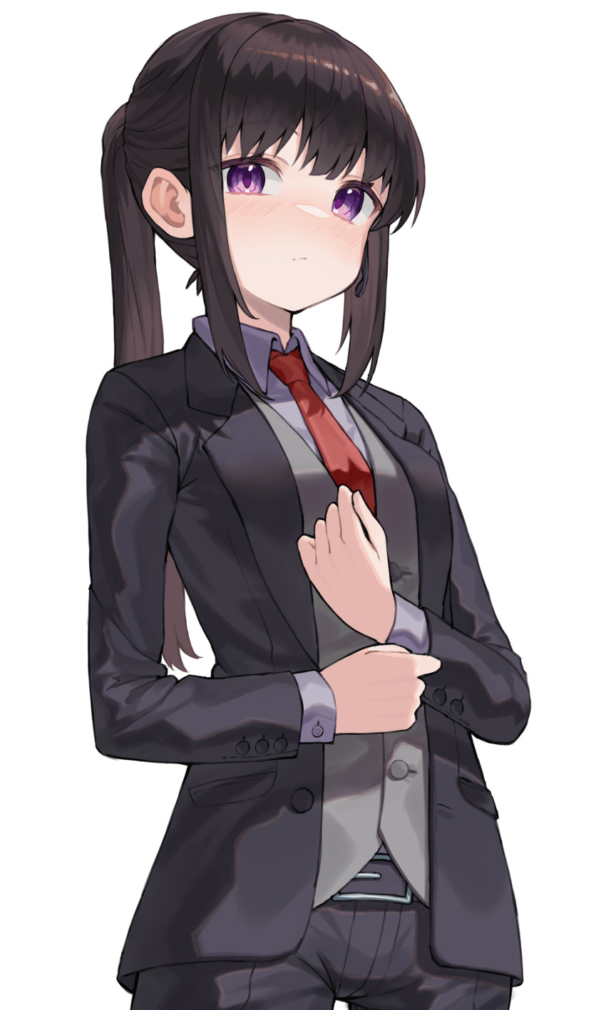 1girl absurdres belt belt_buckle black_hair black_jacket black_pants buckle closed_mouth collared_shirt cowboy_shot grey_shirt grey_vest highres inoue_takina jacket long_hair long_sleeves looking_at_viewer lycoris_recoil necktie open_clothes open_jacket pants ponytail purple_eyes red_necktie scarlet23i0 shirt simple_background solo standing vest white_background wing_collar