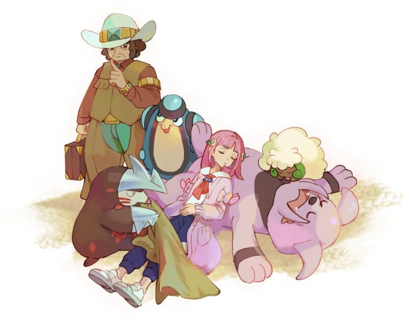 1boy 1girl blue_pants briefcase brown_shirt brown_vest buttons clay_(pokemon) closed_eyes closed_mouth excadrill gen_2_pokemon gen_5_pokemon granbull green_pants hair_ornament hairclip hat huan_li index_finger_raised lacey_(pokemon) long_sleeves looking_down lying nintendo palpitoad pants pink_hair pokemon pokemon_(creature) pokemon_bw pokemon_sv shirt shoes sleeping standing vest watch whimsicott white_shirt wristwatch