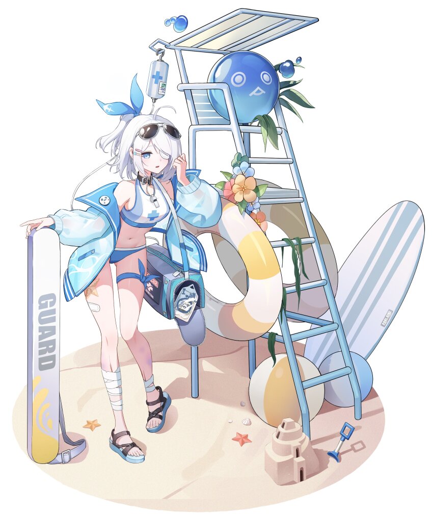 1girl absurdres ahoge ball bandaged_leg bandages bare_shoulders beach beachball bikini black_choker black_survival blue_bikini blue_eyes blue_jacket breasts choker eternal_return:_black_survival eyepatch eyewear_on_head gluteal_fold hair_ribbon half_updo hand_up highres innertube jacket kurimui2 leg_ribbon long_sleeves looking_at_viewer medium_breasts medium_hair multicolored_bikini navel off_shoulder open_clothes open_jacket open_mouth puffy_long_sleeves puffy_sleeves ribbon sandals sissela_kyle solo stomach sunglasses surfboard swim_ring swimsuit thigh_ribbon thighs two-tone_bikini whistle white_hair wilson_(black_survival)