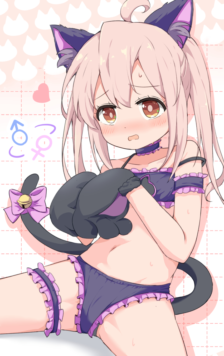 1girl ahoge animal_ear_fluff animal_ears animal_hands bell blush bow bra breasts brown_eyes cat_ears cat_lingerie cat_paws cat_tail choker fake_tail frilled_bra frilled_choker frilled_panties frilled_thigh_strap frills gloves highres kazura long_hair mars_symbol meme_attire navel onii-chan_wa_oshimai! open_mouth oyama_mahiro panties paw_gloves pink_bow pink_hair purple_bra purple_panties small_breasts solo tail tail_bell tail_bow tail_ornament thigh_strap twintails underwear underwear_only venus_symbol