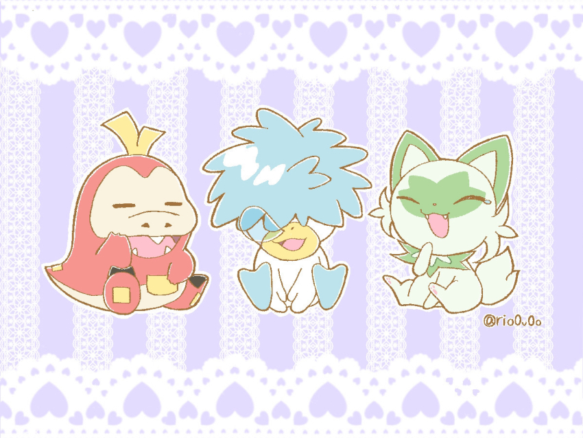 closed_eyes fangs fuecoco full_body nintendo no_humans nose_bubble nostrils open_mouth pokemon pokemon_(creature) quaxly rio_(rio0v0o) sleeping sleeping_upright sprigatito starter_pokemon_trio tears yawning