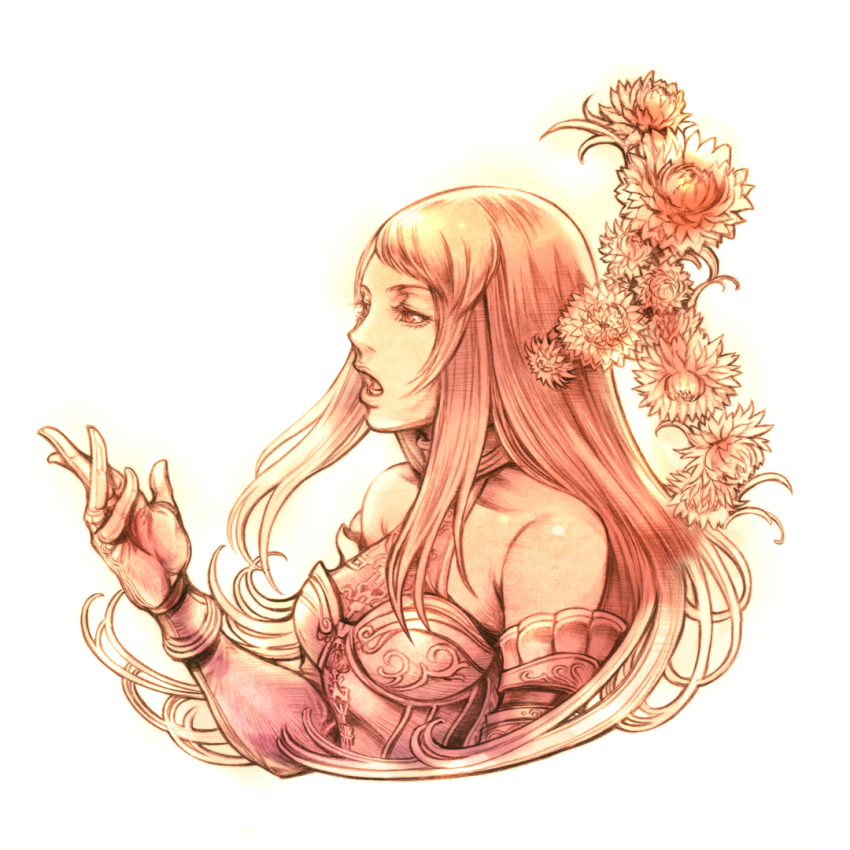 1girl arciela_v_adoulin bare_shoulders breasts collarbone commentary detached_sleeves eyelashes final_fantasy final_fantasy_xi flower gloves hand_up hume long_hair long_sleeves lower_teeth_only medium_breasts nomura_tetsuya official_art open_mouth second-party_source sepia simple_background solo teeth upper_body white_background
