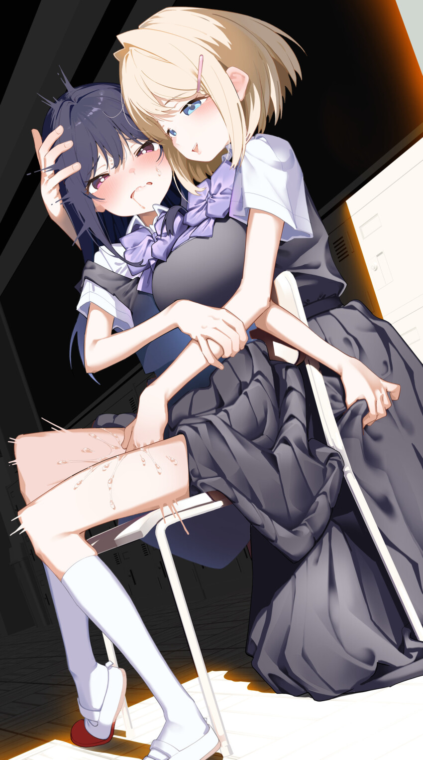 2girls absurdres black_hair black_skirt black_vest blonde_hair blue_eyes bow bowtie chair collared_shirt commentary_request fingering hand_on_another&#039;s_head highres kneehighs long_hair multiple_girls open_mouth original pleated_skirt purple_bow purple_bowtie purple_eyes pussy_juice reach-around saliva school_chair shiratama_mochi shirt shoes short_hair skirt socks vest white_shirt white_shoes white_socks yuri