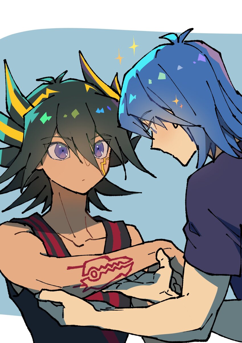 2boys absurdres black_hair black_shirt blonde_hair blue_background blue_hair body_markings bruno_(yu-gi-oh!) facial_mark fudo_yusei highres male_focus medium_hair multicolored_hair multiple_boys shirt simple_background sparkle spiked_hair streaked_hair two-tone_hair upper_body youko-shima yu-gi-oh! yu-gi-oh!_5d&#039;s