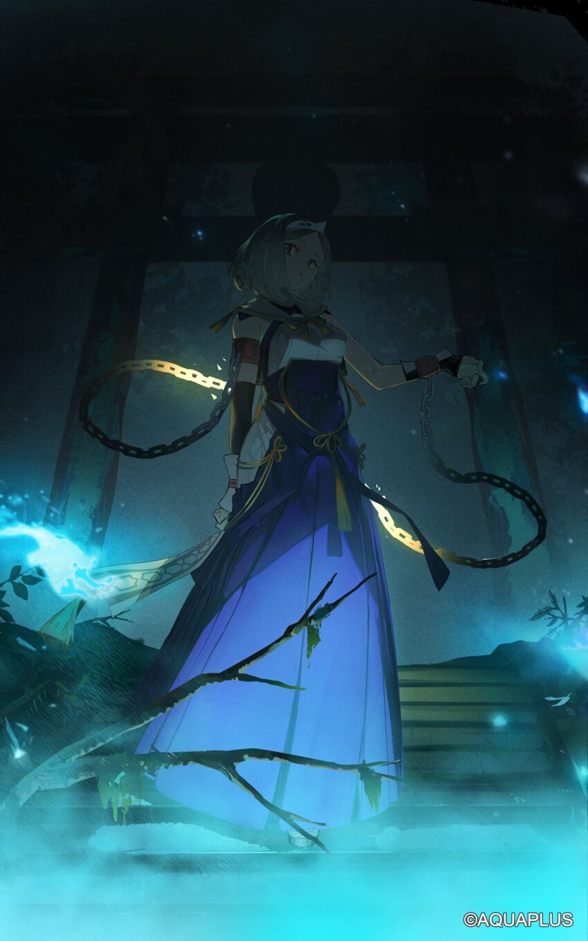 1girl aquaplus arm_behind_back blue_hakama branch breasts chain character_request company_name copyright_notice hakama hand_up highres horn_hairband japanese_clothes kuronoiparoma looking_at_viewer night outdoors short_hair solo stairs torii utawarerumono utawarerumono:_lost_flag wrist_cuffs
