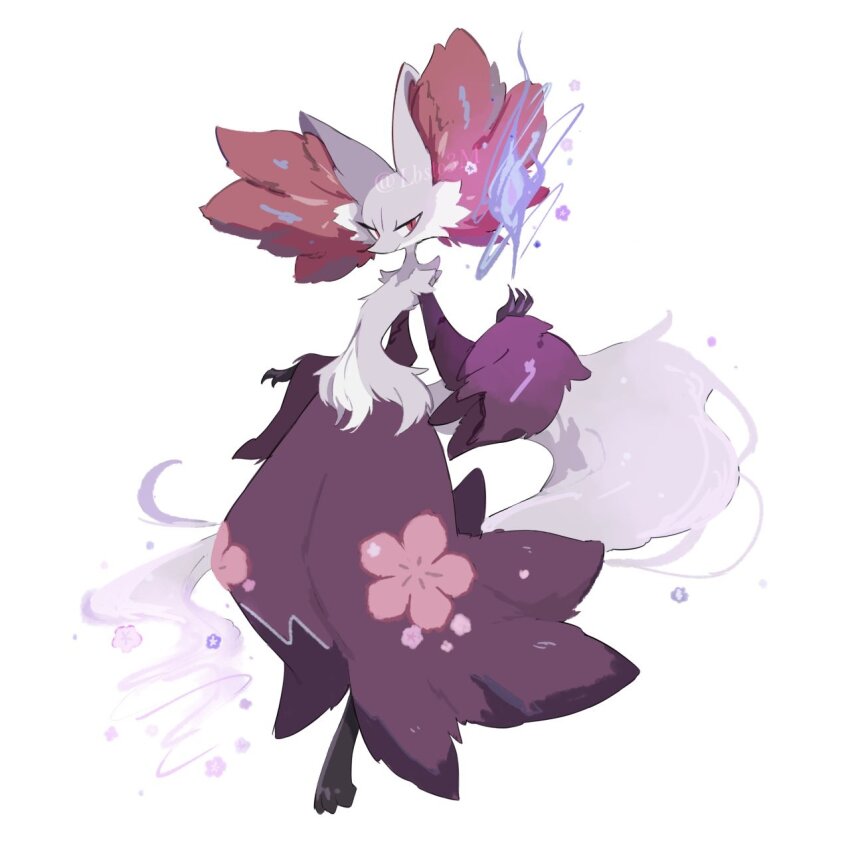 alternate_color animal_ear_fluff artist_name casting_spell delphox gen_6_pokemon grey_fur highres nintendo pokemon pokemon_(creature) red_eyes shiny_pokemon simple_background snout suramo_(lbsto3m) tail watermark white_background