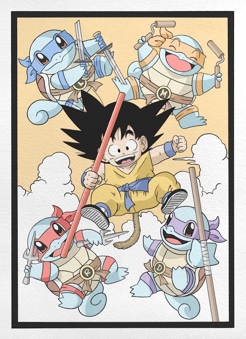 1boy black_hair cloud cosplay crossover donatello_(tmnt) donatello_(tmnt)_(cosplay) dougi dragon_ball dragon_ball_(classic) game_freak gen_1_pokemon highres holding leonardo_(tmnt) leonardo_(tmnt)_(cosplay) looking_at_viewer michelangelo_(tmnt) michelangelo_(tmnt)_(cosplay) muscular muscular_male nintendo nunchaku open_mouth orange_dougi outdoors pokemon pokemon_(creature) raphael_(tmnt) raphael_(tmnt)_(cosplay) sai_(weapon) sky smile son_goku spiked_hair squirtle staff sword tail teenage_mutant_ninja_turtles v-shaped_eyebrows weapon wesatinthecar wristband