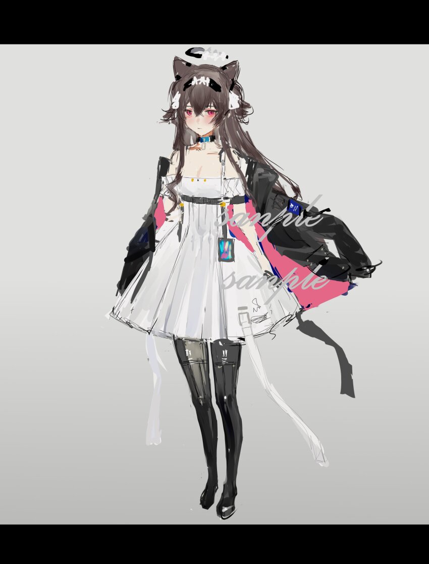 1girl absurdres animal_ears bare_shoulders black_jacket boots breasts brown_hair choker cleavage earrings full_body grey_background hair_between_eyes halo highres iggy.m jacket jacket_on_shoulders jewelry letterboxed long_hair long_sleeves original pantyhose red_eyes sample_watermark solo standing thigh_boots thighhighs very_long_hair watermark