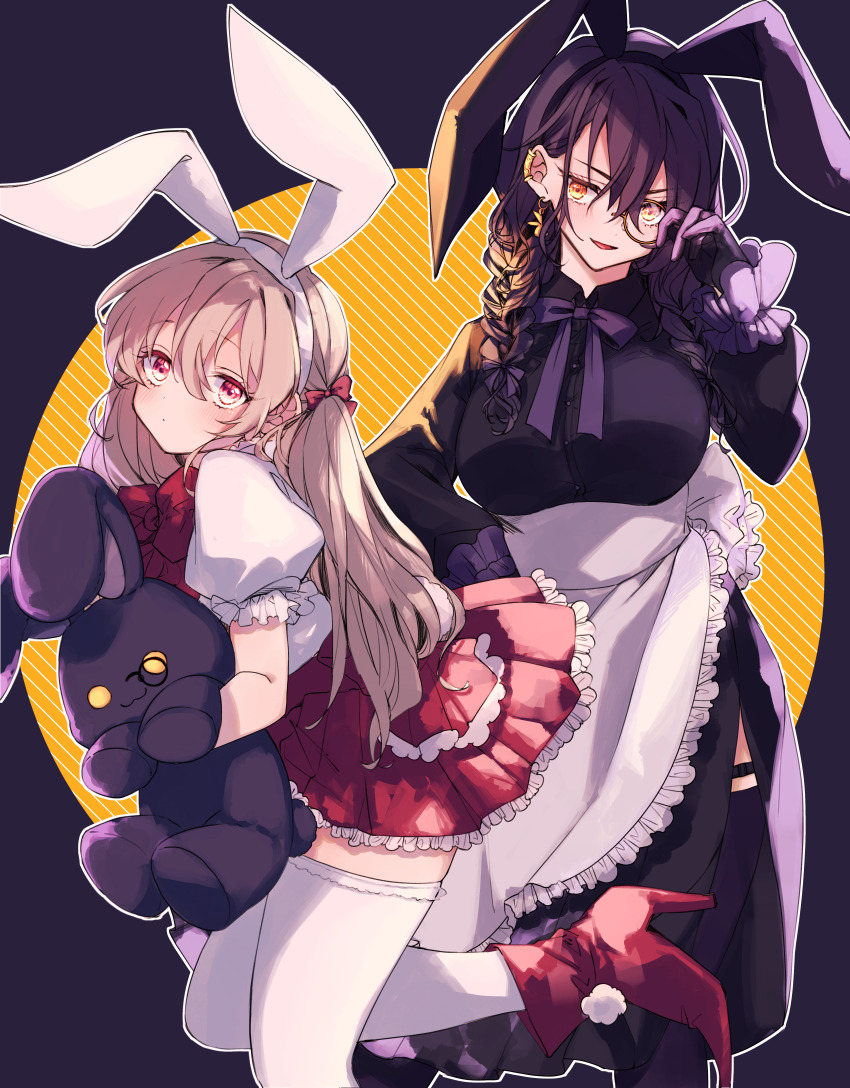 2girls absurdres adjusting_eyewear amane_(7783) animal_ears apron black_dress black_hair black_thighhighs bow breasts commentary_request dress earclip fake_animal_ears frilled_apron frills gloves grey_hair hair_between_eyes hair_bow highres large_breasts long_hair looking_at_viewer monocle multiple_girls neck_ribbon orange-tinted_eyewear original pleated_skirt purple_gloves purple_ribbon rabbit_ears red_bow red_eyes red_shirt red_skirt ribbon shirt skirt stuffed_animal stuffed_rabbit stuffed_toy thigh_strap thighhighs tinted_eyewear twintails waist_apron white_apron white_shirt white_thighhighs zettai_ryouiki
