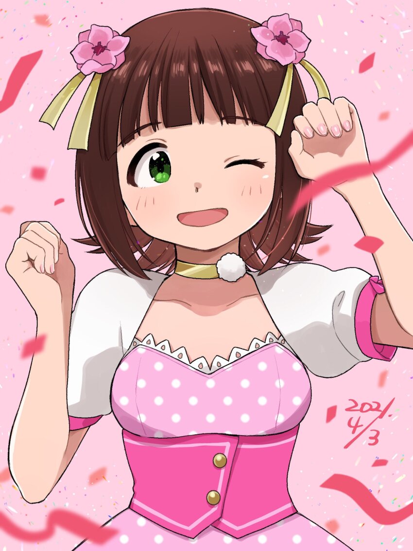 1girl 2021 ;d amami_haruka brown_hair choker collarbone commentary_request confetti dated dress flipped_hair floral_(idolmaster) flower green_eyes hair_flower hair_ornament hair_ribbon hands_up highres idolmaster idolmaster_(classic) idolmaster_2 medium_hair naruse_ill one_eye_closed open_mouth pink_background pink_dress pink_flower pink_nails polka_dot polka_dot_dress pom_pom_(clothes) puffy_short_sleeves puffy_sleeves ribbon short_sleeves sidelocks smile solo the_wild_strawberry_(idolmaster) upper_body white_sleeves yellow_choker yellow_ribbon