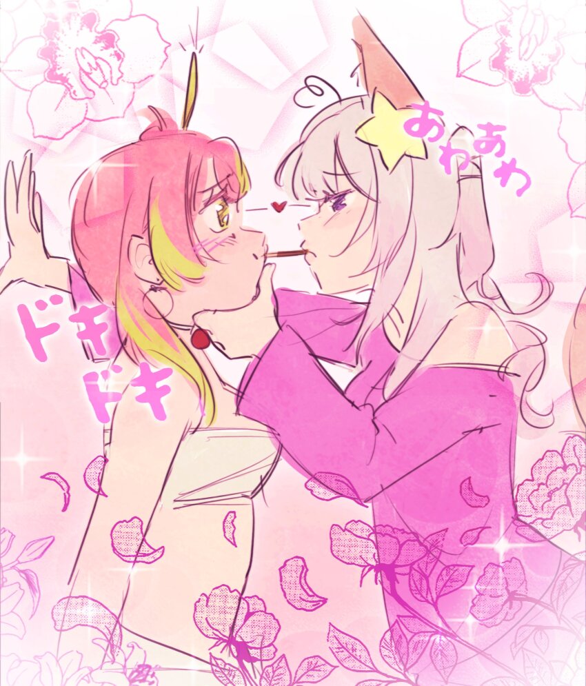 233eris 2girls animal_ears annytf blush breast_pocket brown_hair earrings eye_contact food fox_ears green_hair hair_ornament highres hoop_earrings indie_virtual_youtuber jewelry kabedon long_hair looking_at_another medium_hair multicolored_hair multiple_girls pink_hair pocket pocky pocky_kiss shared_food slice_of_toma star_(symbol) star_hair_ornament virtual_youtuber yuri