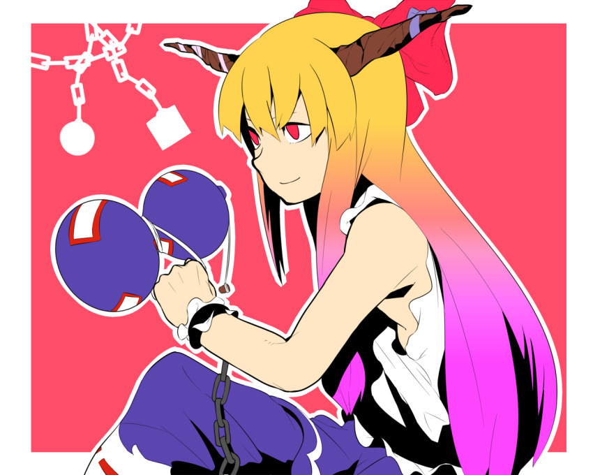 1girl blonde_hair blue_skirt bow brown_horns chain cuffs gourd gradient_hair hado horn_bow horn_ornament horn_ribbon horns ibuki_suika looking_to_the_side multicolored_hair oni pink_background red_eyes ribbon shackles shirt sitting skirt sleeveless smile solo touhou white_shirt