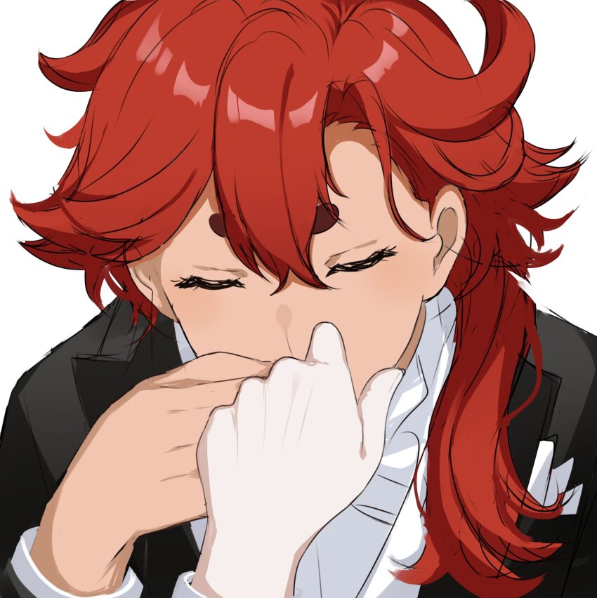 2girls black_jacket closed_eyes commentary female_pov gundam gundam_suisei_no_majo highres hiruver holding_hands jacket kiss kissing_hand long_hair miorine_rembran multiple_girls pov red_hair shirt simple_background suletta_mercury thick_eyebrows white_background white_shirt yuri