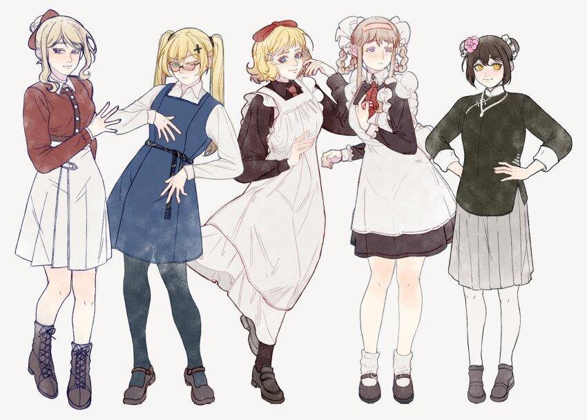 5girls america_(female)_(hetalia) america_(hetalia) apron aqua_eyes axis_powers_hetalia black_dress black_hair black_shirt blonde_hair blue_dress blue_eyes braid braided_hair_rings character_request china_(female)_(hetalia) china_(hetalia) chinese_clothes double_bun dress flower full_body genderswap genderswap_(mtf) grey_skirt hair_bun hair_flower hair_ornament hair_rings hairband height_difference highres loafers long_hair mandarin_collar mary_janes medium_skirt multiple_girls necktie pankou pink_hairband republic_of_china_school_uniform russia_(female)_(hetalia) russia_(hetalia) school_uniform shanghai_neckline shirt shoes skirt soviet_school_uniform twintails united_kingdom_(female)_(hetalia) united_kingdom_(hetalia) white_apron white_background white_skirt ye0 yellow_eyes
