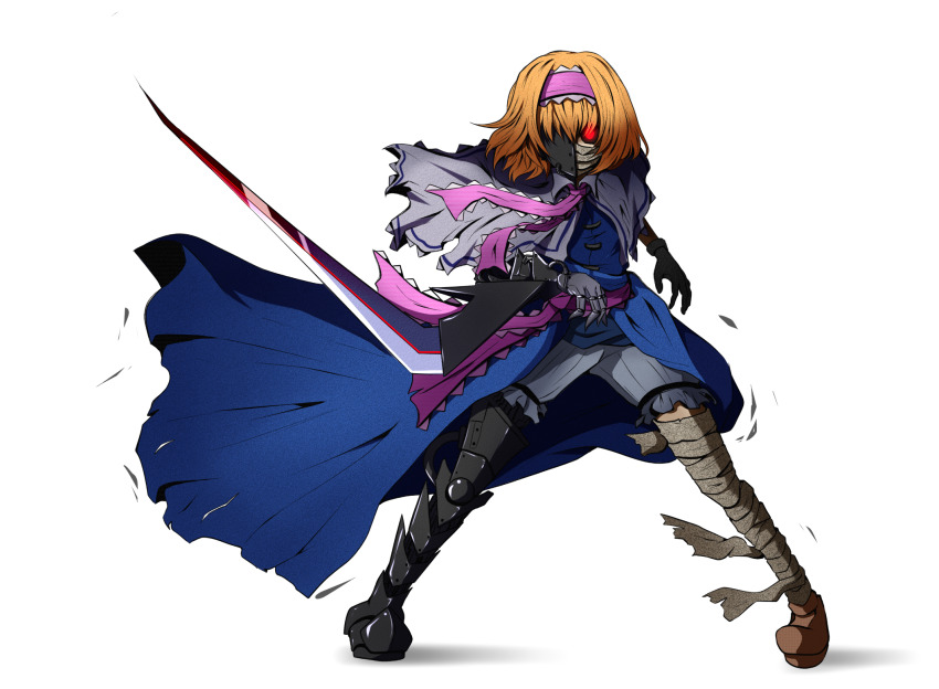 1girl alice_margatroid armored_boots asymmetrical_footwear bloomers blue_dress bois_de_justice boots brown_footwear capelet commentary_request cookie_(touhou) cosplay dies_irae dress frilled_hairband frilled_necktie frilled_sash frills full_body glowing glowing_eye grey_bloomers grey_capelet hairband highres hinase_(cookie) keroro_gunsou looking_at_viewer mask mismatched_footwear mouth_mask necktie orange_hair pink_hairband pink_necktie pink_sash red_eyes sakuna_brownie sash shinza_bansho_series shoes short_hair simple_background solo standing touhou underwear white_background zoruru zoruru_(cosplay)