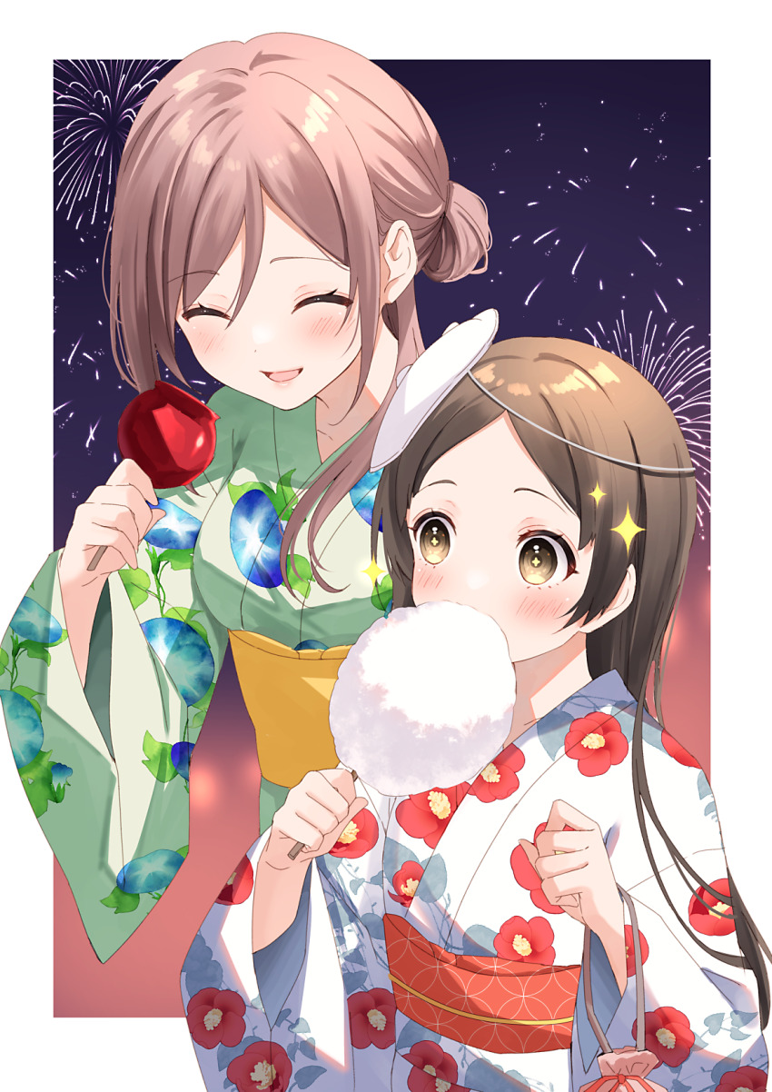 2girls ^_^ aerial_fireworks blush brown_hair candy candy_apple closed_eyes commentary_request cotton_candy eating fireworks floral_print food gakuen_idolmaster hair_bun haruhitooo highres himesaki_rinami holding holding_candy holding_cotton_candy holding_food idolmaster japanese_clothes kimono kuramoto_china looking_ahead mask mask_on_head multiple_girls obi outside_border parted_bangs sash single_side_bun smile sparkle wide_sleeves yukata