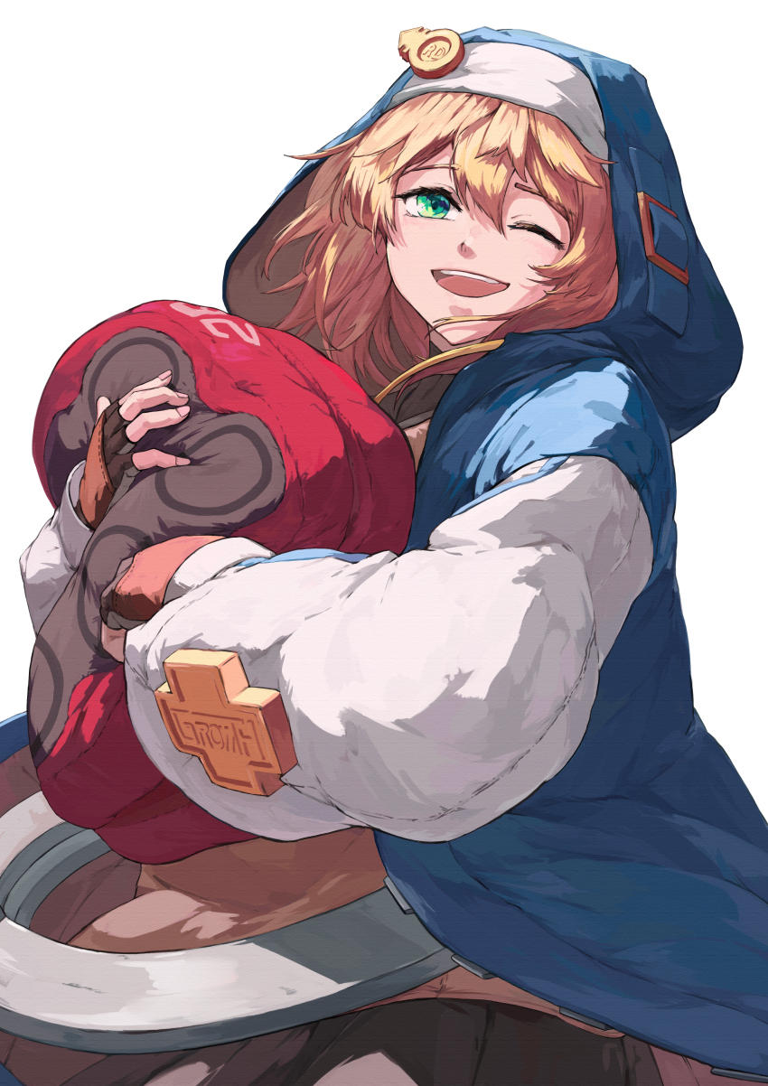 1boy absurdres androgyne_symbol black_gloves blonde_hair bridget_(guilty_gear) cuffs fingerless_gloves gloves green_eyes guilty_gear guilty_gear_strive habit hair_between_eyes handcuffs highres hood hood_up hooded_jacket hoodie jacket long_sleeves looking_at_viewer male_focus mazaki_oekaki medium_hair one_eye_closed open_clothes open_hoodie puffy_long_sleeves puffy_sleeves smile solo stuffed_toy trap yo-yo