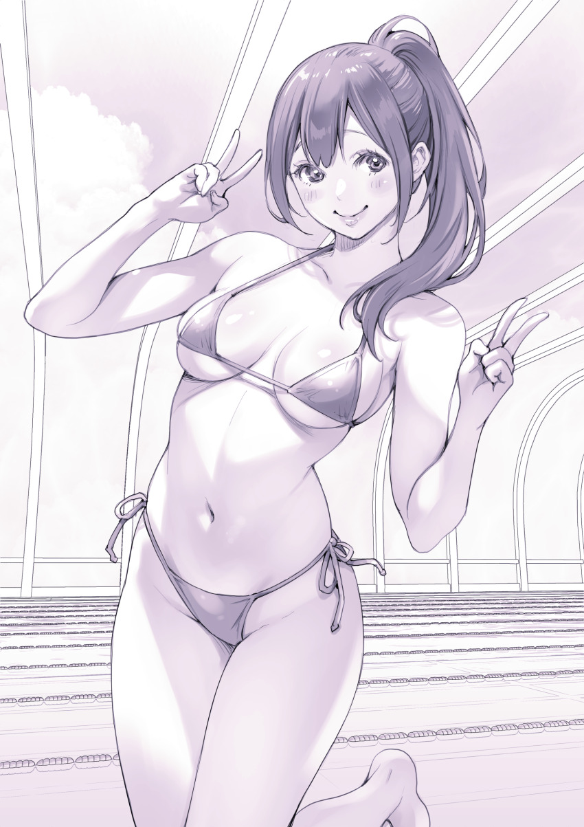 1girl absurdres bare_arms bare_shoulders bikini blush breasts closed_mouth commentary_request double-parted_bangs double_v hands_up high_ponytail highres indoors lane_line large_breasts leaning_to_the_side long_hair looking_at_viewer macosee monochrome navel original ponytail pool purple_theme side-tie_bikini_bottom sidelocks skindentation smile solo standing standing_on_one_leg stomach string_bikini swimsuit underboob v