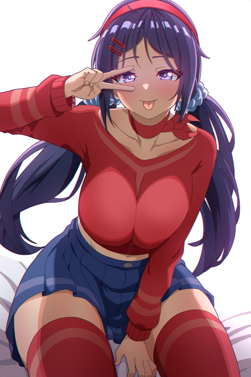 1girl :p absurdres blue_eyes blue_hair blue_skirt breasts choker crazy_mita_(miside) highres large_breasts lhofi long_hair long_sleeves looking_at_viewer miside mita_(miside) pleated_skirt shirt skirt smile solo thighhighs tongue tongue_out v