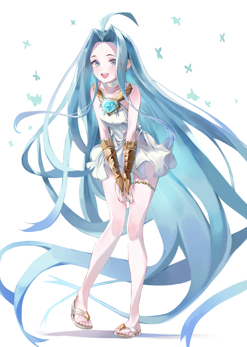 1girl absurdly_long_hair absurdres ahoge bare_legs bare_shoulders blue_eyes blue_hair breasts bridal_gauntlets brooch choker collarbone commentary_request dress elbow_gloves floating_hair full_body gloves gold_gloves granblue_fantasy hair_intakes hands_on_own_thighs highres jewelry leaning_forward legs long_hair looking_at_viewer looking_to_the_side lyria_(granblue_fantasy) open_mouth parted_bangs sandals shadow simple_background sleeveless sleeveless_dress small_breasts smile solo standing standing_on_one_leg teeth thighlet toes upper_teeth_only ushio_(user_ndwp8857) v_arms very_long_hair white_background white_choker white_dress