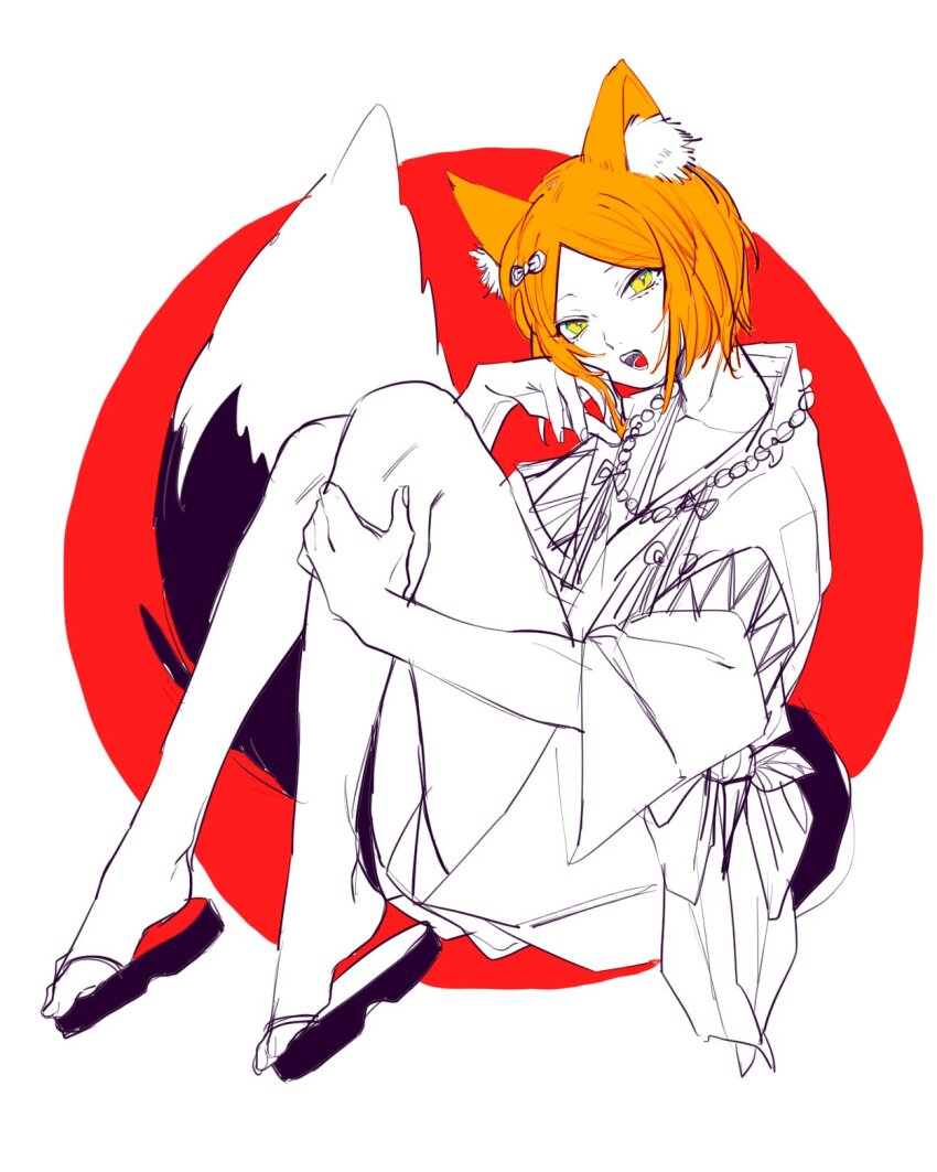 1boy animal_ear_fluff animal_ears aoi_yuta bare_legs beads ensemble_stars! fox_ears fox_tail full_body geta hair_ornament hairclip hand_on_own_face hand_on_own_leg highres japanese_clothes knees_to_chest limited_palette looking_at_viewer male_focus open_mouth orange_hair parted_bangs prayer_beads short_hair tail tawa_(eraremmm) yellow_eyes