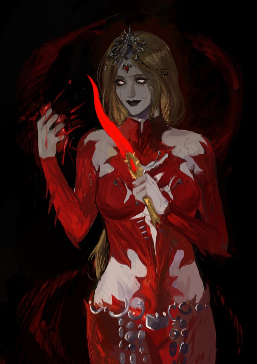 1girl baldur&#039;s_gate baldur&#039;s_gate_3 black_background black_eyeshadow black_lips blonde_hair blood blood_on_hands bodysuit circlet cowboy_shot crushing dagger detached_sleeves dungeons_&amp;_dragons dungeons_&amp;_dragons eyeshadow glowing glowing_eyes headpiece heart_(organ) highres hip_vent holding holding_dagger holding_heart_(organ) holding_knife holding_weapon knife long_hair looking_at_viewer maimai_cuishu makeup orin_the_red red_bodysuit smile solo standing weapon white_eyes