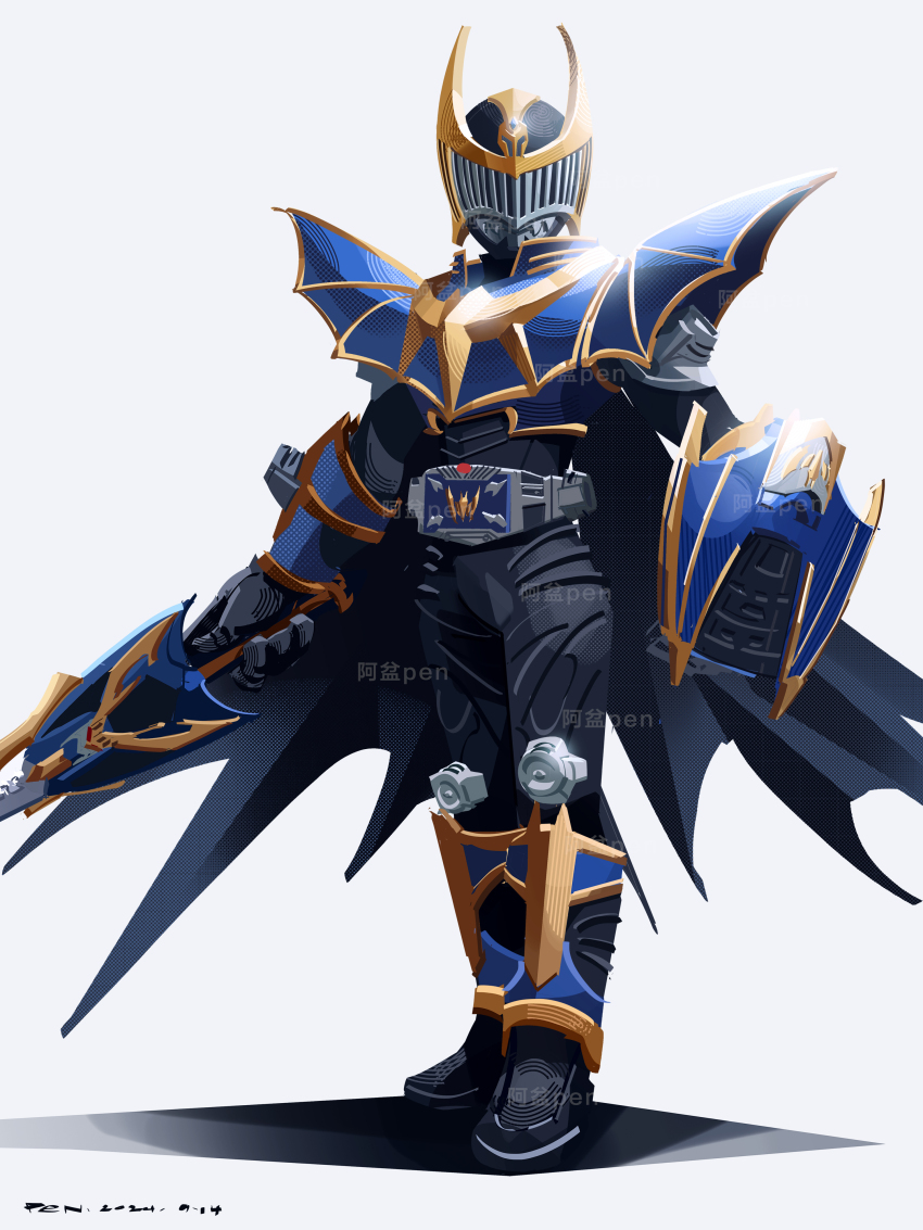 1boy absurdres armor belt_buckle black_cape blue_armor buckle cape full_body highres holding holding_shield holding_sword holding_weapon kamen_rider kamen_rider_knight kamen_rider_knight_survive kamen_rider_ryuki_(series) male_focus penpenhuihui shield simple_background sword v_buckle watermark weapon white_background
