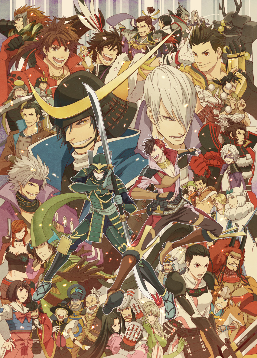 1other 6+boys 6+girls :d :| akechi_mitsuhide_(sengoku_basara) armor ashikaga_yoshiteru_(sengoku_basara) azai_nagamasa_(sengoku_basara) battle black_hair blonde_hair blunt_bangs blunt_ends brown_hair chousokabe_motochika_(sengoku_basara) closed_mouth date_masamune_(sengoku_basara) everyone frown fuuma_kotarou_(sengoku_basara) gotou_matabei_(sengoku_basara) green_eyes grin hair_over_one_eye headband helmet highres holding holding_weapon honda_tadakatsu_(sengoku_basara) ii_naotora_(sengoku_basara) ishida_mitsunari_(sengoku_basara) japanese_armor kabuto_(helmet) kasuga_(sengoku_basara) katakura_kojuurou_(sengoku_basara) kobayakawa_hideaki_(sengoku_basara) kuroda_kanbei_(sengoku_basara) kyougoku_maria_(sengoku_basara) long_hair looking_ahead looking_at_another looking_at_viewer maeda_keiji_(sengoku_basara) maeda_toshiie_(sengoku_basara) male_focus masato_(oal) matsu_(sengoku_basara) matsunaga_hisahide_(sengoku_basara) medium_hair mogami_yoshiaki_(sengoku_basara) monkey mouri_motonari_(sengoku_basara) multicolored_hair multiple_boys multiple_girls naoe_kanetsugu_(sengoku_basara) oda_nobunaga_(sengoku_basara) oichi_(sengoku_basara) ootani_yoshitsugu_(sengoku_basara) open_mouth otomo_sorin_(sengoku_basara) oyassan_(sengoku_basara) ponytail red_hair red_headband saika_magoichi_(sengoku_basara) sanada_yukimura_(sengoku_basara) sarutobi_sasuke_(sengoku_basara) sengoku_basara shibata_katsuie_(sengoku_basara) shima_sakon_(sengoku_basara) shimazu_yoshihiro_(sengoku_basara) short_hair short_hair_with_long_locks slit_pupils smile tachibana_muneshige_(sengoku_basara) takeda_shingen_(sengoku_basara) takenaka_hanbee_(sengoku_basara) tokugawa_ieyasu_(sengoku_basara) toyotomi_hideyoshi_(sengoku_basara) tsuruhime_(sengoku_basara) two-tone_hair uesugi_kenshin_(sengoku_basara) weapon yamanaka_shikanosuke_(sengoku_basara) yellow_eyes yumekichi