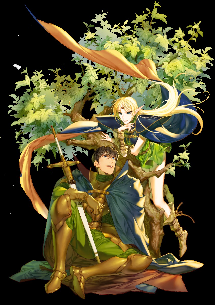 1boy 1girl absurdres arm_warmers armor blonde_hair blue_eyes boots brown_hair cape deedlit dress elf forehead_jewel green_dress head_rest highres leaf long_hair open_mouth parn_(lodoss) pointy_ears record_of_lodoss_war rope short_dress short_hair sitting sixa sword transparent_background tree under_tree weapon white_background