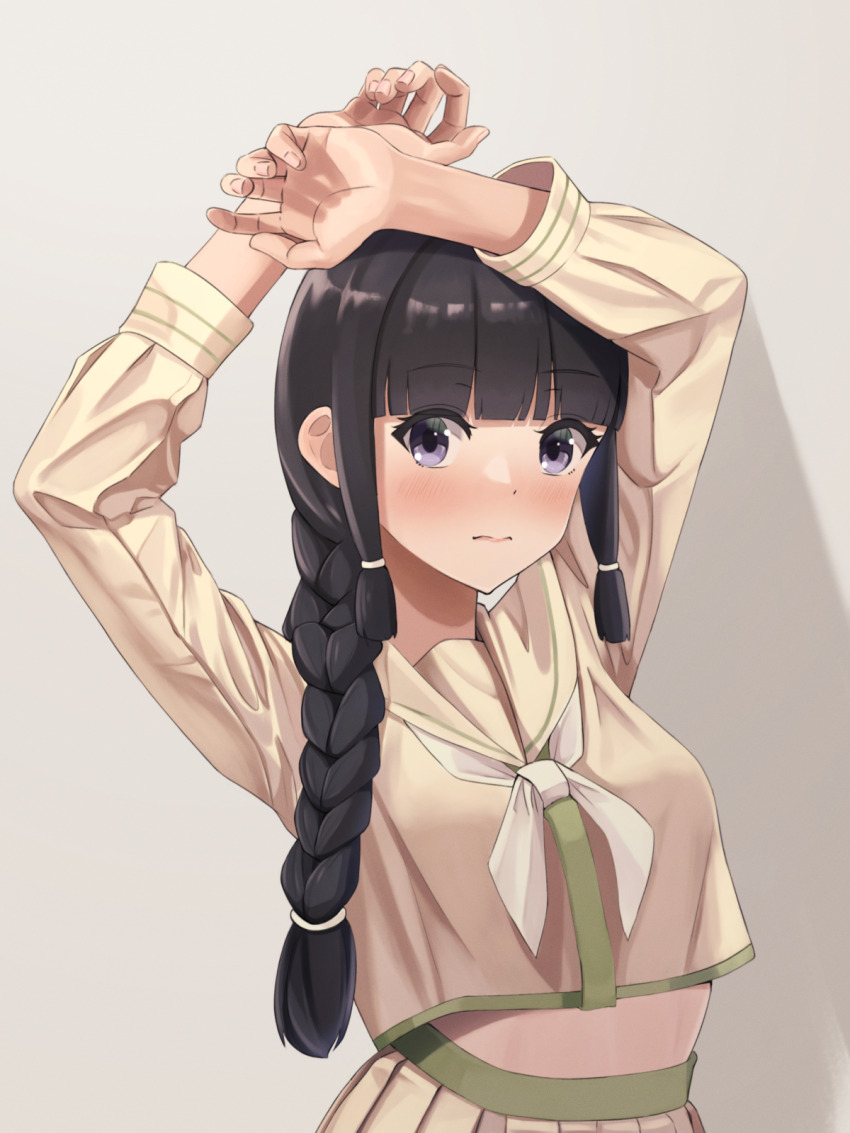 1girl arms_up black_eyes black_hair blunt_bangs blush braid closed_mouth commentary_request hair_over_shoulder hair_ribbon highres kantai_collection kitakami_(kancolle) kitakami_kai_ni_(kancolle) long_hair long_sleeves looking_at_viewer midriff neckerchief ribbon sailor_collar school_uniform serafuku sidelocks simple_background single_braid solo totoraisu tress_ribbon upper_body white_neckerchief yellow_sailor_collar yellow_serafuku