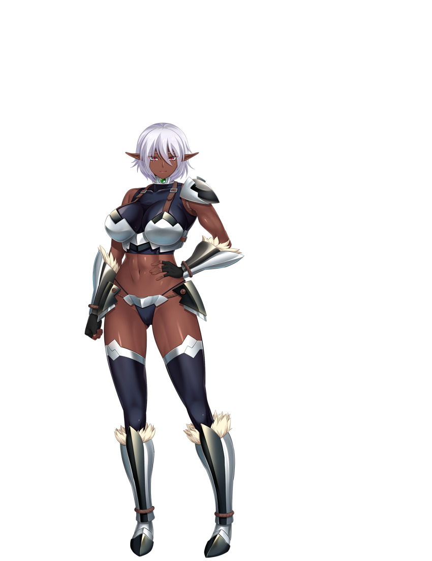 1girl abs armor breasts cameltoe dark-skinned_female dark_skin elf elfen_king feet female_focus full_body game_cg groin hair_between_eyes hand_on_own_hip highres hikage_eiji huracan large_breasts legs light_smile looking_at_viewer lune_(company) muscular muscular_female muse_(elfen_king) nana_g navel original pointy_ears red_eyes short_hair simple_background smile solo standing tachi-e thighs thong transparent_background white_hair