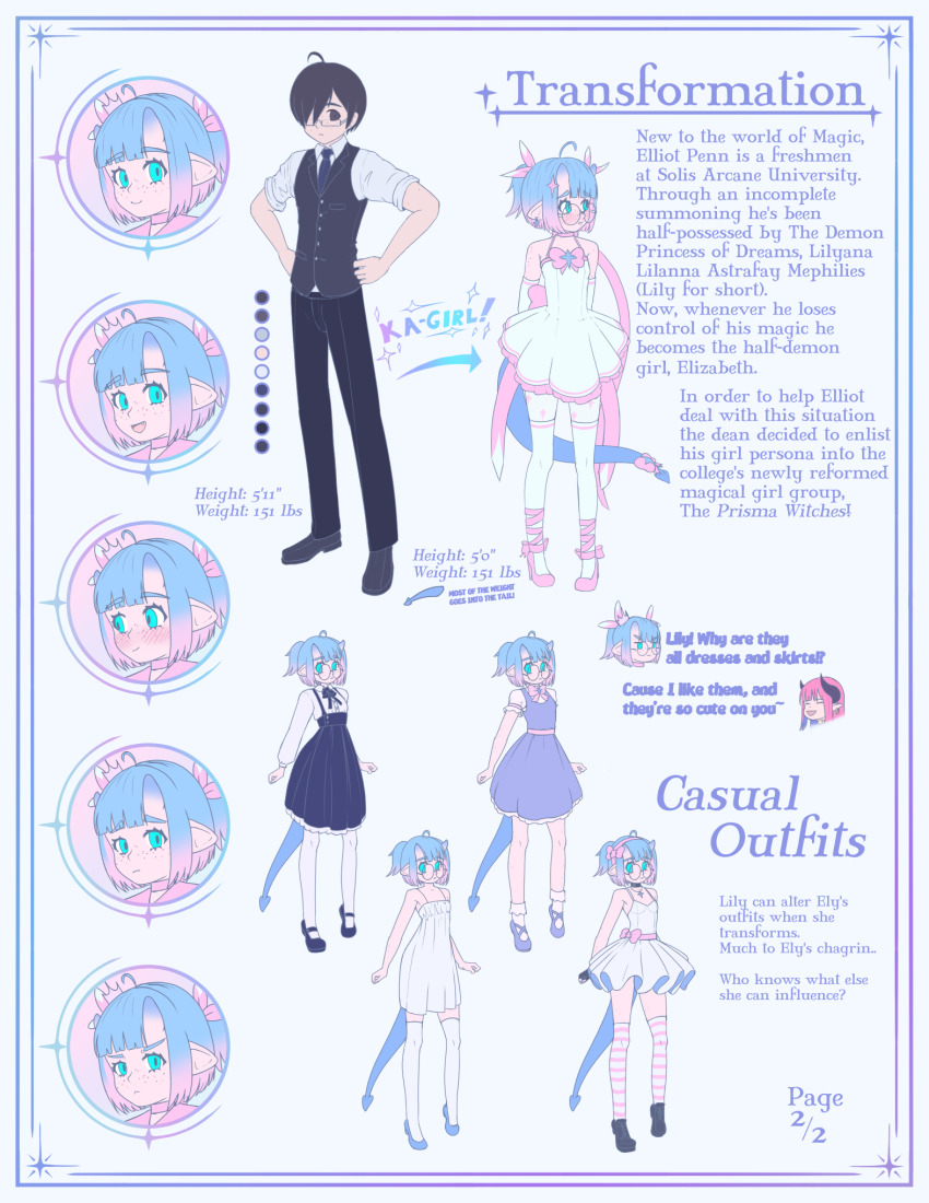 &gt;:( 1boy 1girl :d alternate_costume ass bare_shoulders blue_dress blue_eyes blue_hair blue_horns blue_tail blush reference_sheet clothing_aside clothing_cutout dawnfire demon_girl dress ely_(dawnfire) flat_chest freckles genderswap genderswap_(mtf) heart heart_tail high_heels highres holding holding_sword holding_weapon horns leotard leotard_aside multicolored_hair multiple_expressions navel_cutout open_mouth original petite pink_hair pink_ribbon pointy_ears ribbon robe round_eyewear sad short_twintails smile strapless strapless_dress striped_clothes striped_thighhighs sword tail thighhighs tutu twintails v-shaped_eyebrows weapon white_robe white_thighhighs