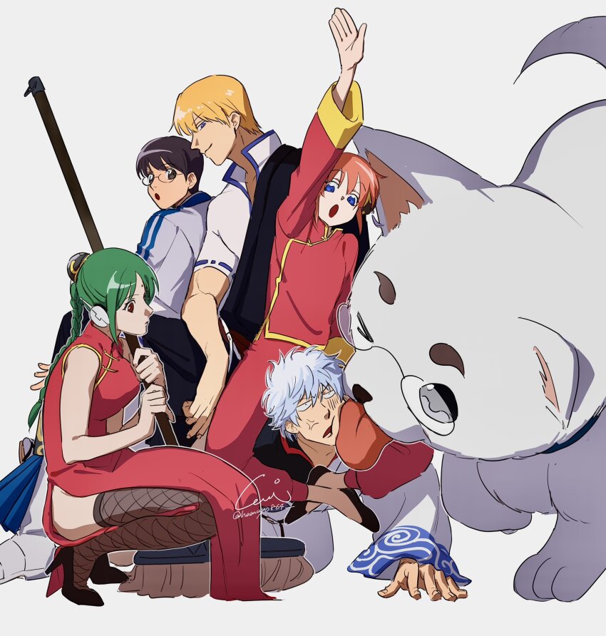 :o anger_vein arm_up black_eyes black_hair blonde_hair blue_eyes braid brown_eyes china_dress chinese_clothes cosplay dog dress gintama glasses green_hair hamuyo864 highres holding holding_mop japanese_clothes kagura_(gintama) kagura_(gintama)_(cosplay) kimono long_sleeves mop orange_hair red_eyes sadaharu sakata_gintoki sakata_gintoki_(cosplay) sakata_kintoki_(gintama) shimura_shinpachi shimura_shinpachi_(cosplay) short_sleeves single_braid sitting sitting_on_person tama_(gintama) white_background white_hair
