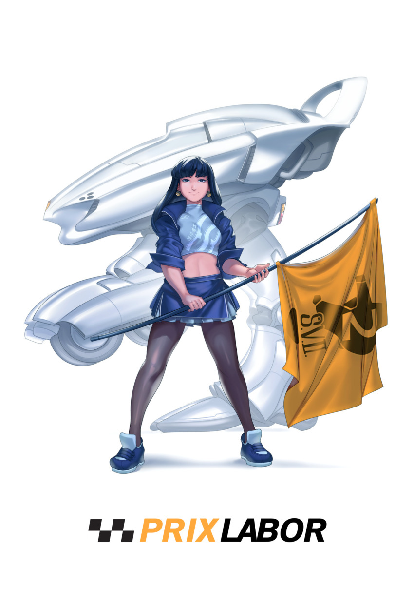 1girl blue_skirt breasts earrings facial_mark female_focus flag flagpole full_body halterneck highres jewelry kanuka_clancy kidou_keisatsu_patlabor light_smile long_hair looking_at_viewer mecha midriff pantyhose pleated_skirt race_queen robot shoes skirt sleeves_pushed_up sneakers solo voodoothur white_background