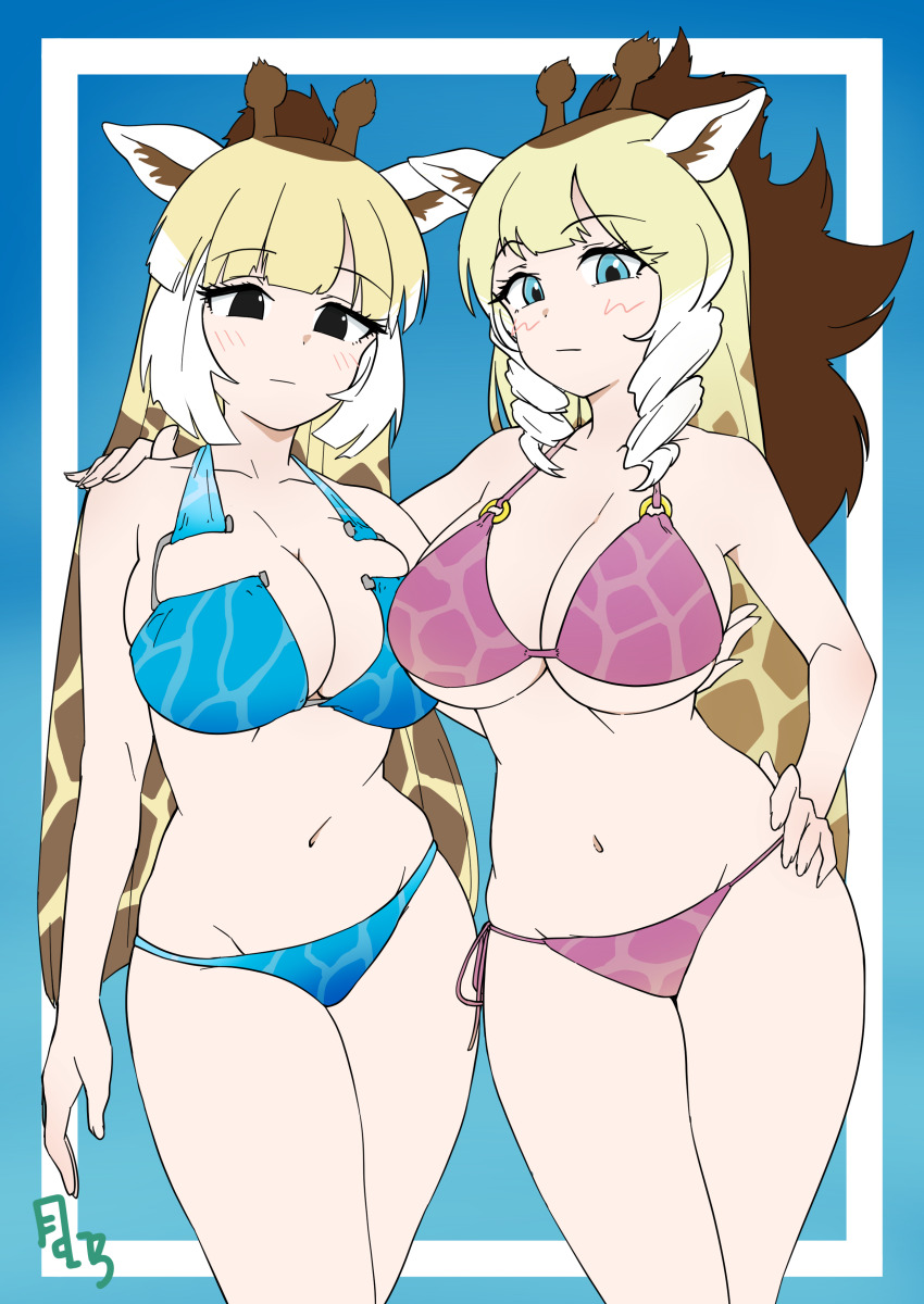 2girls absurdres animal_ears animal_print bikini blonde_hair blush breasts brown_hair florida_bikini giraffe_ears giraffe_girl giraffe_horns giraffe_print giraffe_tail highres horns kemono_friends kyonin_dofu large_breasts long_hair looking_at_viewer meme_attire multicolored_hair multiple_girls reticulated_giraffe_(kemono_friends) rothschild&#039;s_giraffe_(kemono_friends) swimsuit tail white_hair