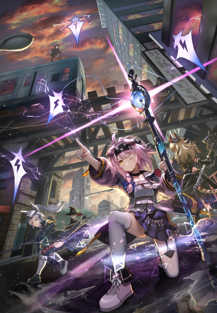 5girls ahoge animal_ears arknights braid brown_hair cat_ears city coat electricity goldenglow_(arknights) grani_(arknights) grey_hair hat haze_(arknights) highres hip_vent horse_ears horse_tail iroia lamppost multiple_girls on_one_knee one_eye_closed pink_coat pink_hair pointing polearm ponytail quercus_(arknights) skirt skyfire_(arknights) spear staff tail thighhighs train weapon witch_hat yellow_eyes
