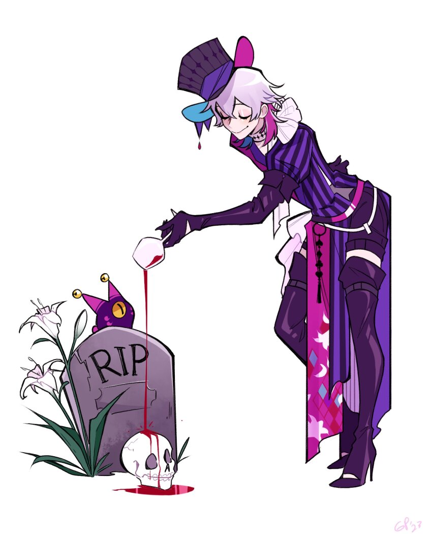 1boy absurdres black_boots black_gloves blue_hair boots closed_eyes coat commentary cup drinking_glass english_commentary eyeshadow full_body gavis_bettel gigglepox gloves grave grey_hair hair_between_eyes hat hat_ribbon high_heel_boots high_heels highres holding holding_cup holostars holostars_english jerry_(gavis_bettel) leaning_forward makeup male_focus multicolored_coat multicolored_hair phantom_(gavis_bettel) pink_eyeshadow pink_hair pouring ribbon scarf shorts skull slit_pupils smile solo standing thigh_boots tombstone top_hat virtual_youtuber white_background white_scarf wine_glass yellow_eyes