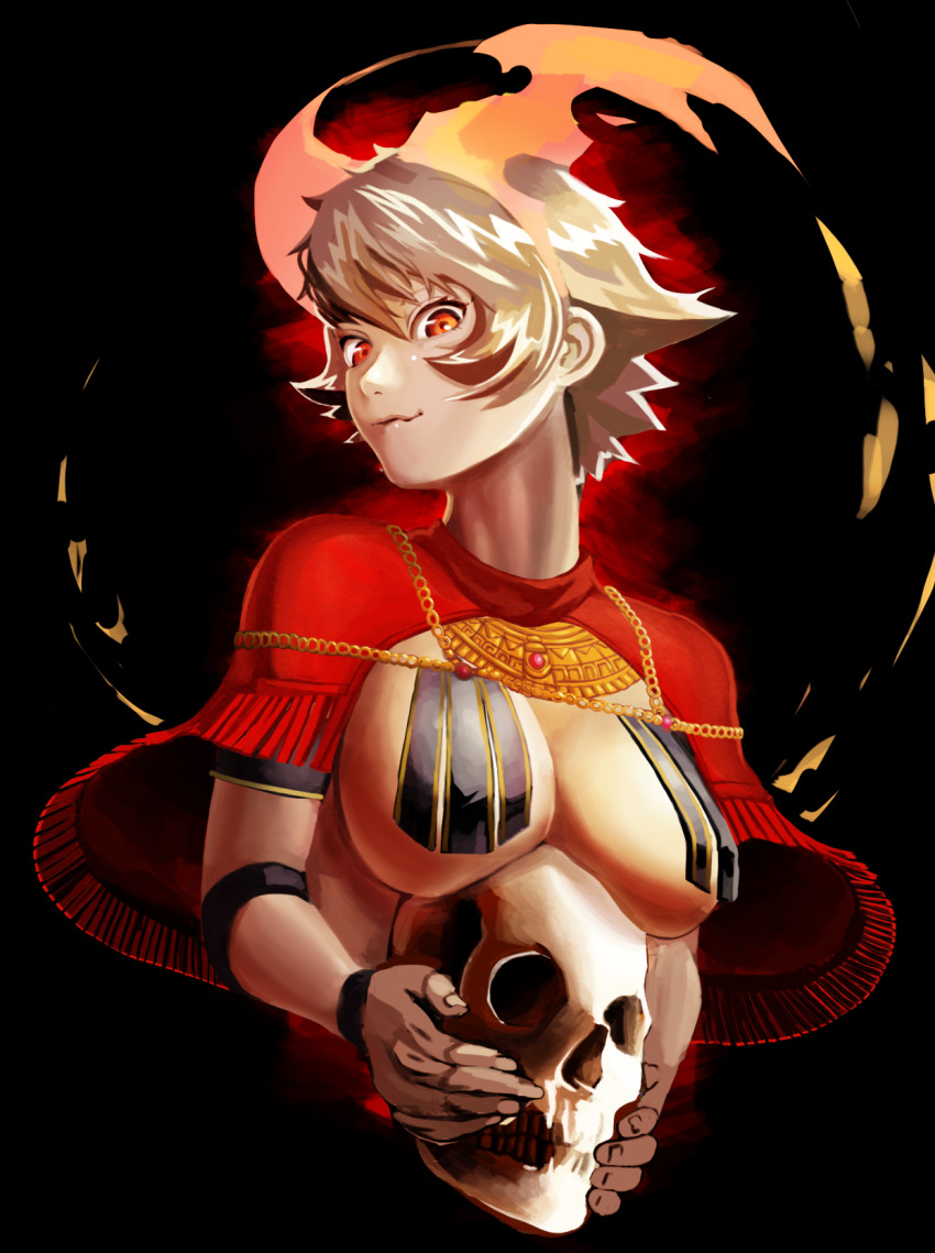 1girl beads black_background breasts brown_hair chain clothing_request dark fiery_ears fingernails fire gold_chain gold_trim green_eyes hair_between_eyes highres hitomaruniigo holding holding_skull jewelry large_breasts long_neck looking_at_viewer medium_hair messy_hair multicolored_eyes neptora orange_eyes original red_eyes revealing_clothes shiny_skin skull tan turning_head two-tone_eyes underboob
