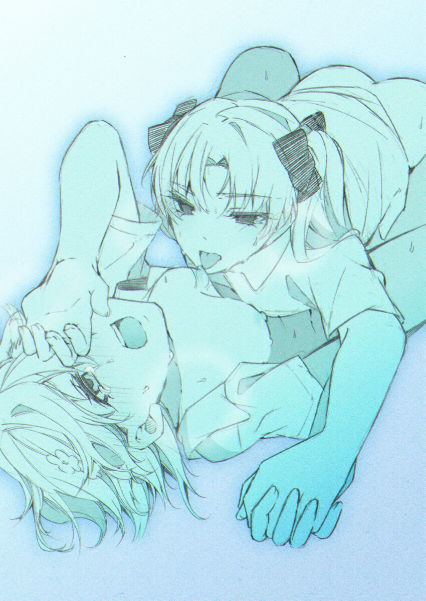 2girls absurdres blush bow breasts commentary_request hair_bow hand_over_eye higashizukihi_sei highres holding_hands interlocked_fingers licking licking_nipple long_hair medium_hair misaka_mikoto multiple_girls nipple_stimulation nipples open_mouth shirai_kuroko teeth toaru_kagaku_no_railgun toaru_majutsu_no_index tongue tongue_out upper_teeth_only yuri