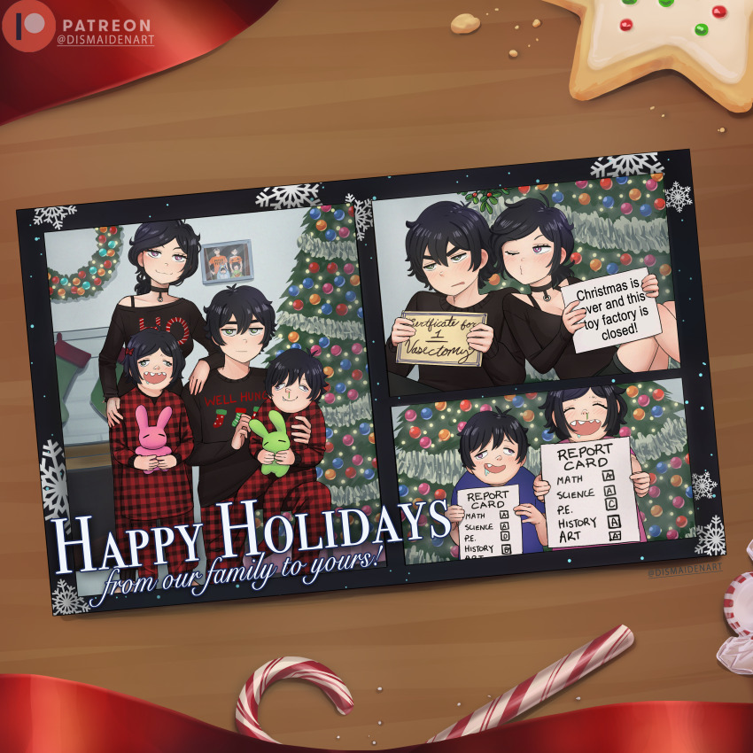 2boys 2girls absurdres aged_up andrew_graves ashley_graves black_choker black_hair black_sweater brother_and_sister candy candy_cane choker christmas_tree christmas_wreath cookie dismaiden drooling english_text family food green_eyes happy_holidays highres holding holding_sign holding_stuffed_toy implied_incest multiple_boys multiple_girls open_mouth pajamas photo_(object) purple_eyes siblings sign snot stuffed_animal stuffed_rabbit stuffed_toy sweater the_coffin_of_andy_and_leyley wreath