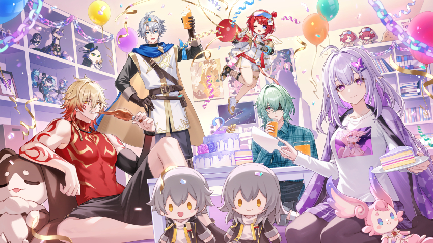 2girls 3boys absurdres ahoge amaichi_esora anaxa_(honkai:_star_rail) balloon black_pantyhose bookshelf bright_pupils butterfly_hair_ornament caelus_(honkai:_star_rail) cake cake_slice castorice_(honkai:_star_rail) character_doll closed_mouth dan_heng_(honkai:_star_rail) dan_heng_(imbibitor_lunae)_(honkai:_star_rail) food hair_ornament happy_anniversary herta_(honkai:_star_rail) highres holding holding_knife holding_plate honkai:_star_rail honkai_(series) hoyofair indoors knife long_hair long_sleeves looking_at_viewer march_7th_(honkai:_star_rail) mem_(honkai:_star_rail) multiple_boys multiple_girls mydei_(honkai:_star_rail) official_alternate_costume official_art pantyhose phainon_(honkai:_star_rail) plate pointy_ears purple_eyes purple_hair purple_skirt shirt sitting skirt smile stelle_(honkai:_star_rail) trailblazer_(honkai:_star_rail) trianne_(honkai:_star_rail) tribbie_(honkai:_star_rail) trinnon_(honkai:_star_rail) white_pupils white_shirt