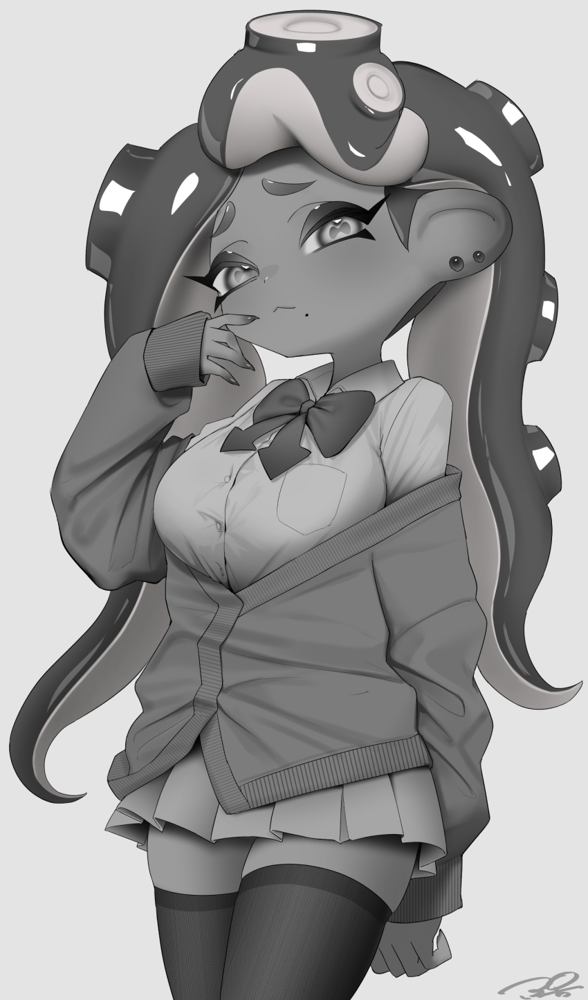 1girl :&lt; absurdres alternate_costume bow bowtie breast_pocket breasts cardigan cardigan_partially_removed cephalopod_eyes closed_mouth collared_shirt commentary dress_shirt earrings fingernails furrowed_brow greyscale hand_up highres horizontal_pupils jewelry large_breasts long_hair long_sleeves looking_at_viewer marina_(splatoon) mole mole_under_mouth monochrome nintendo octoling parted_bangs plaid_clothes plaid_skirt pocket puchiman sharp_fingernails shirt signature skirt solo splatoon_(series) symbol-only_commentary tentacle_hair thighhighs white_background zettai_ryouiki