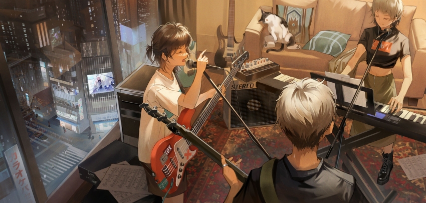 1boy 2girls amplifier black_boots black_shirt boots cat closed_eyes commentary couch crop_top electric_guitar english_commentary guitar half_updo highres holding holding_guitar holding_instrument holding_microphone index_finger_raised indoors instrument keyboard_(instrument) medium_hair microphone mole mole_under_eye multiple_girls music open_mouth original playing_guitar playing_instrument sanse_(sssei_33) sheet_music shirt short_hair short_sleeves singing white_hair white_shirt window
