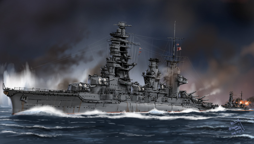 battle battleship cannon firing fusou_(battleship) highres imperial_japanese_navy military military_vehicle naval_battle nendoyo no_humans ocean original ship smog smoke vehicle_focus warship watercraft yamashiro_(battleship)