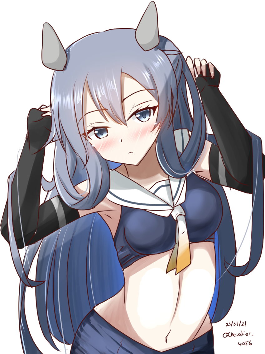 1girl bikini bikini_skirt black_gloves blue_eyes blue_hair blue_shirt blue_skirt crop_top dated elbow_gloves fake_horns fingerless_gloves gloves gradient_neckerchief highres horned_headwear horns i-203_(kancolle) kantai_collection long_hair looking_at_viewer neckerchief nontraditional_school_swimsuit one-hour_drawing_challenge pencil_skirt sailor_bikini sailor_collar sawatani_(chevalier_04056) school_swimsuit shirt simple_background skirt solo swimsuit w_arms white_background white_neckerchief white_sailor_collar